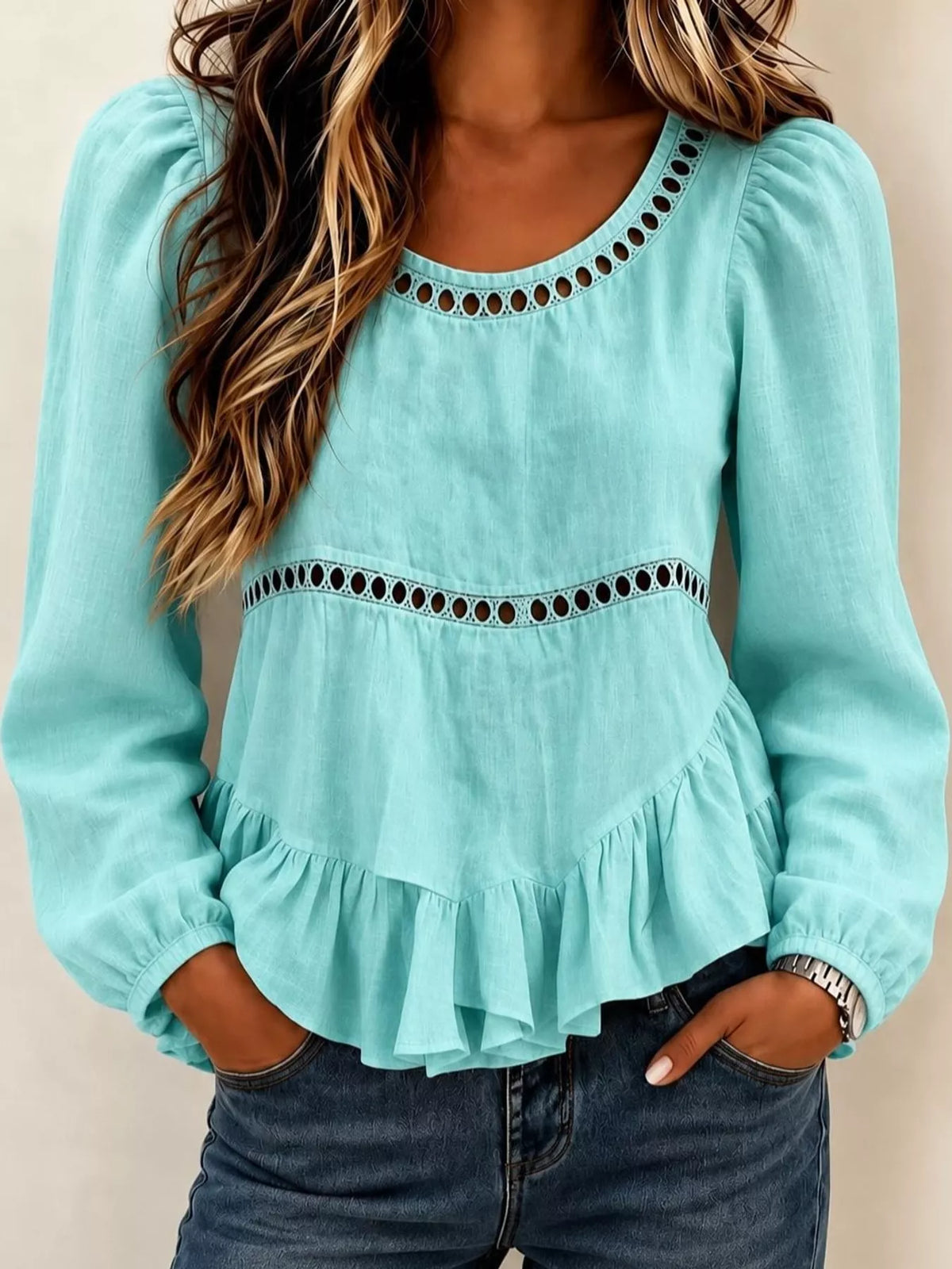 Women's Long Sleeve Blouse with Eyelet Lace Trim and Ruffled Hem in aqua — front view