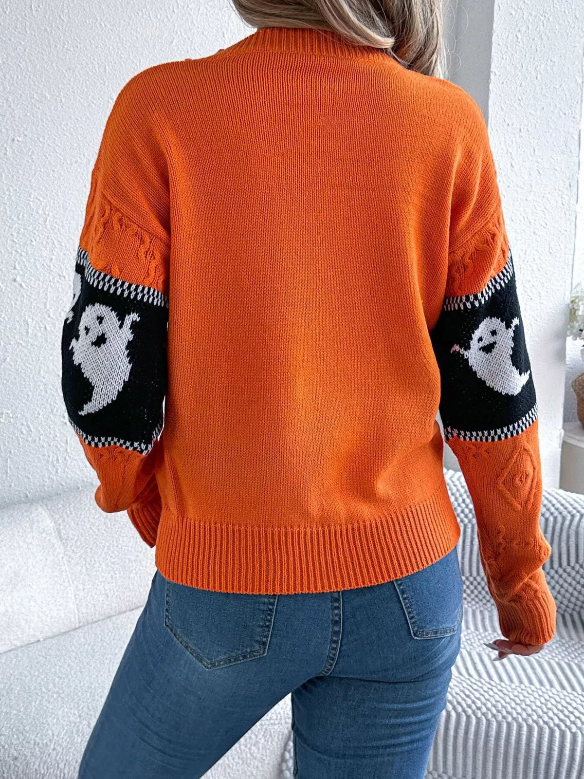 Halloween Ghost Pattern Textured Sweater in orange, back view