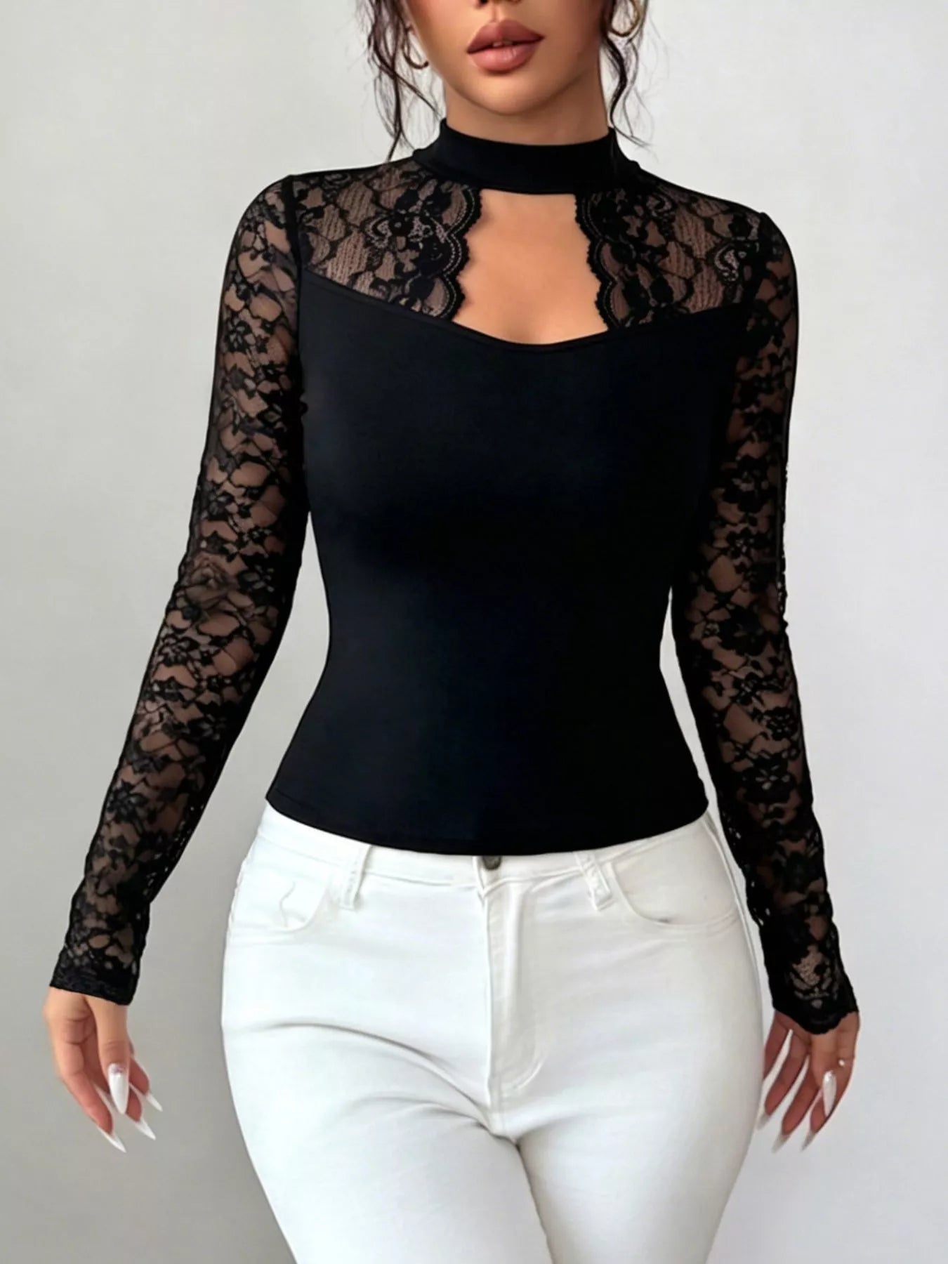 Trendsi Lace Trim Cutout Front Top -