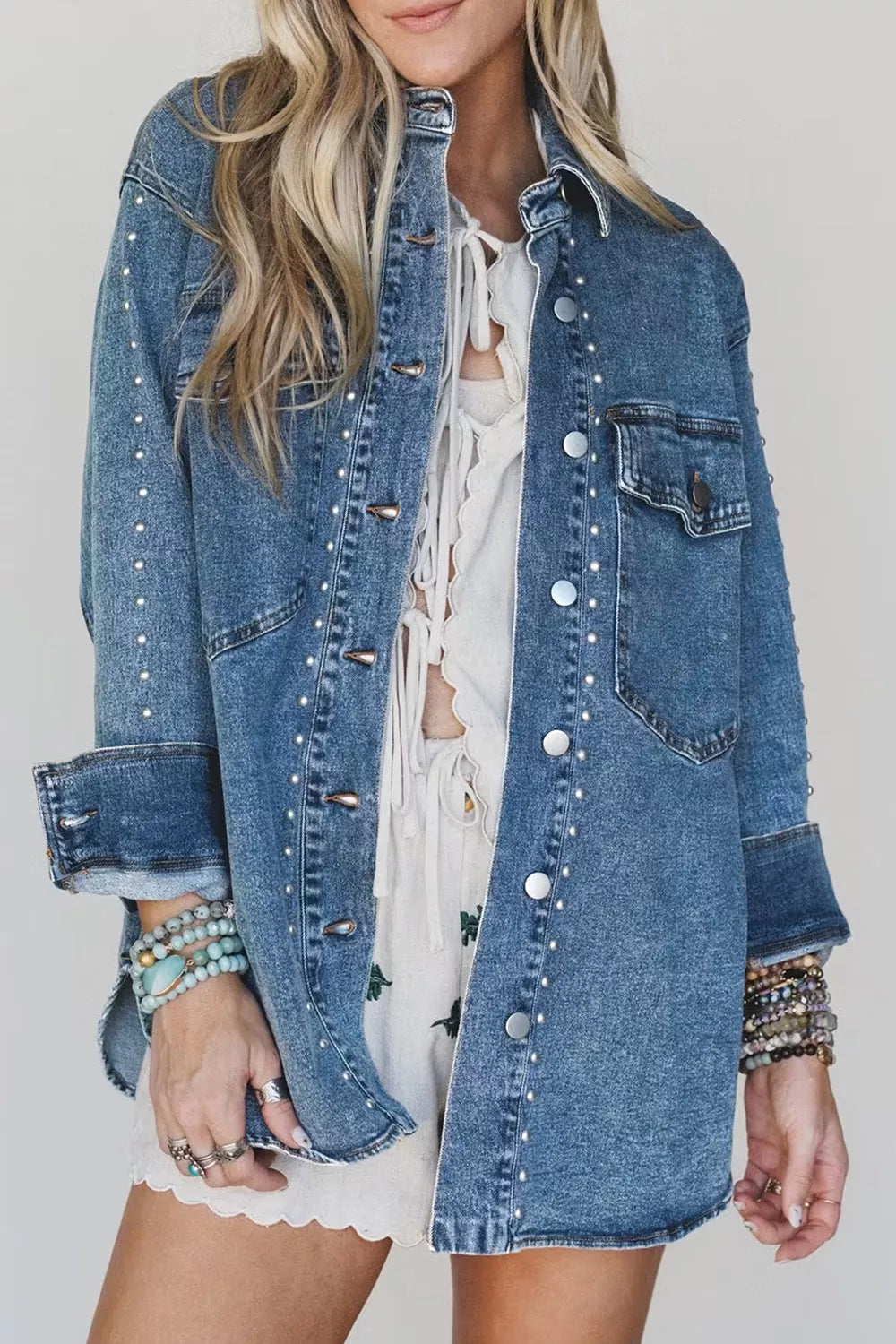 Trendsi Rivet Embellished Western Style Regular Fit Long Sleeve Denim Jacket -