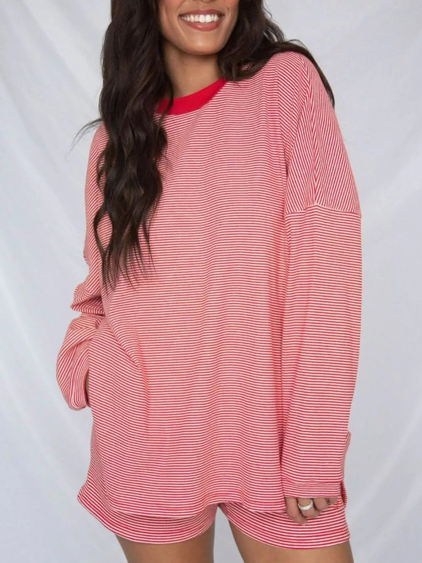 Trendsi Striped Dropped Shoulder Top and Shorts Set -