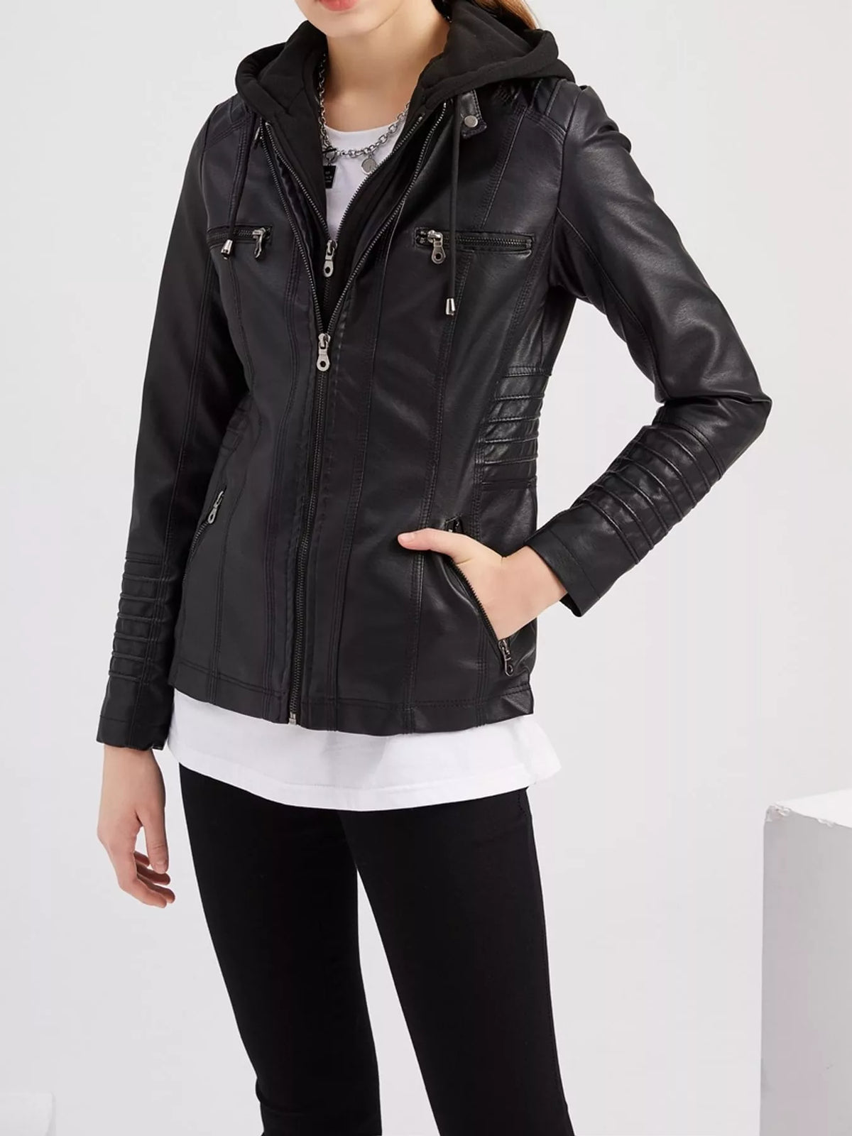 Hooded faux-leather jacket, black zipped front