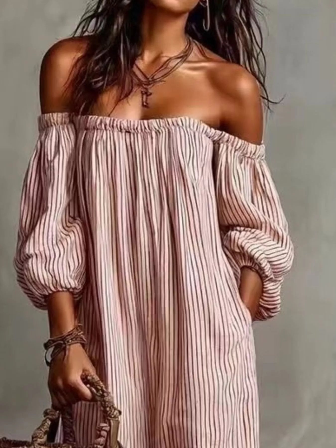 Trendsi Full Size Off-Shoulder Striped Maxi Dress with Puff Sleeves Plus Size -