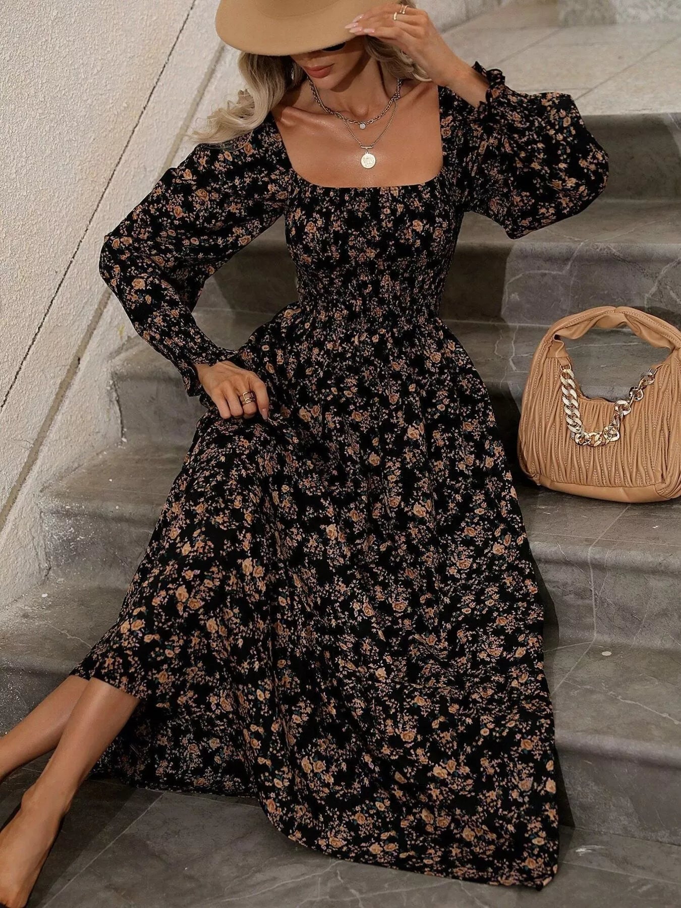 Trendsi Floral Print Square Neck Smocked Midi Dress -