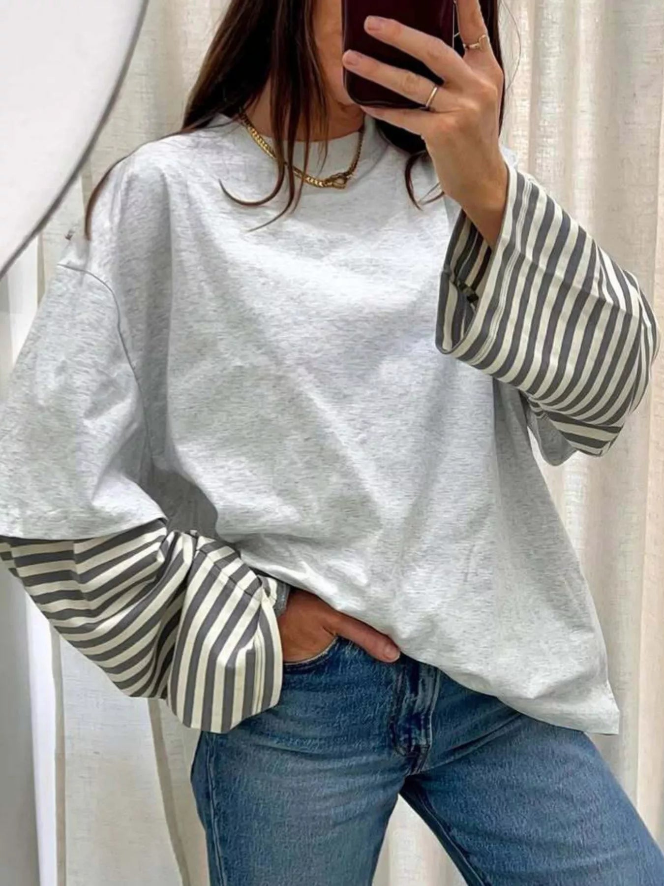 Trendsi Contrast Striped Long Sleeves T-Shirt -