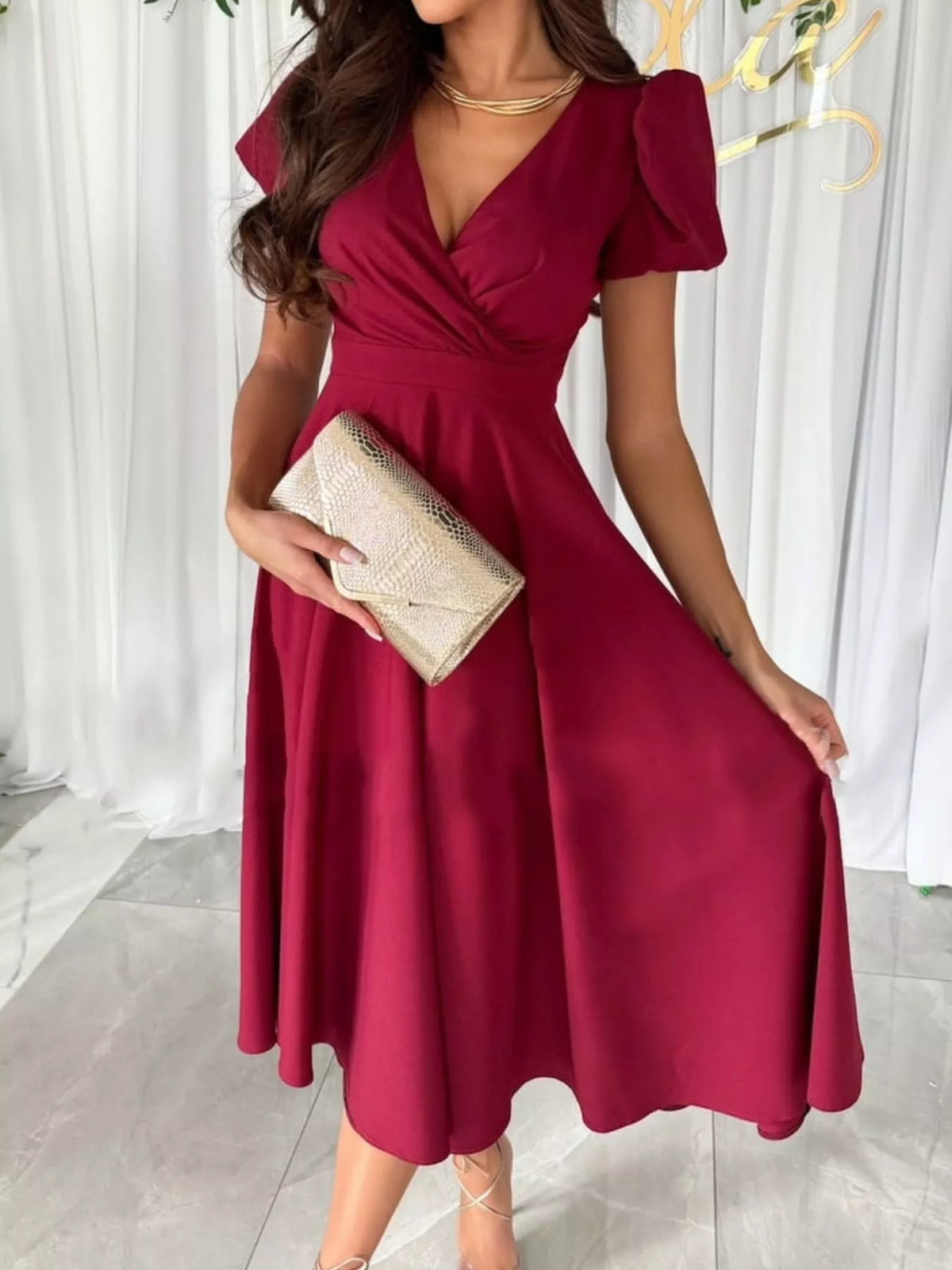 Trendsi Surplice Puff Sleeve Midi Dress -