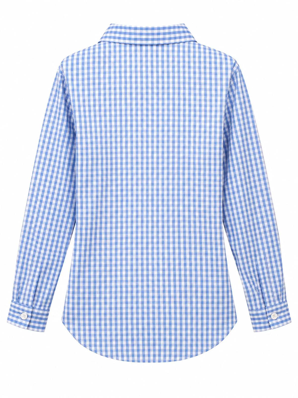 Light blue and white plaid button-down shirt, back view