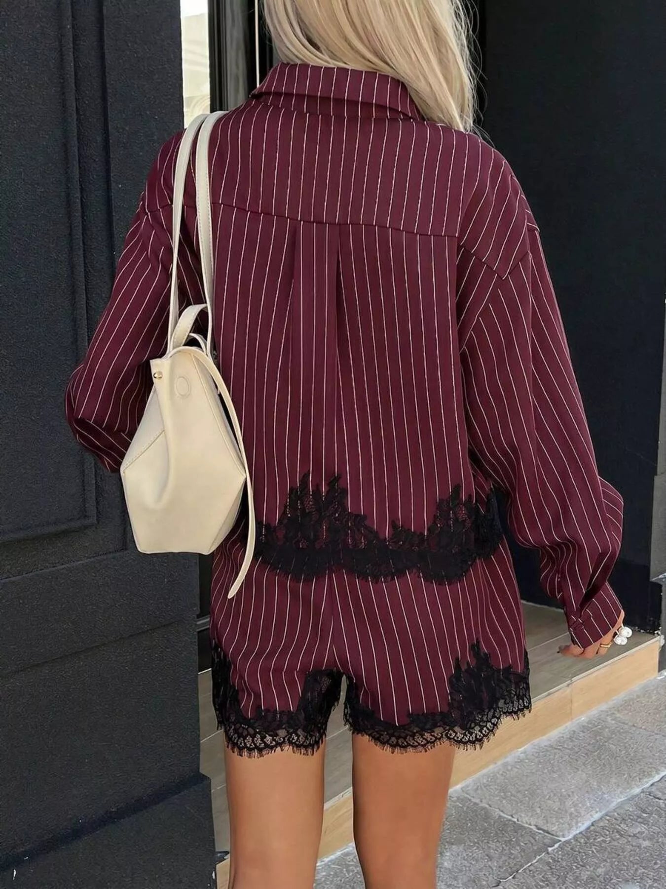 Trendsi Lace Trim Striped Button-Down Shirt and Shorts Set -