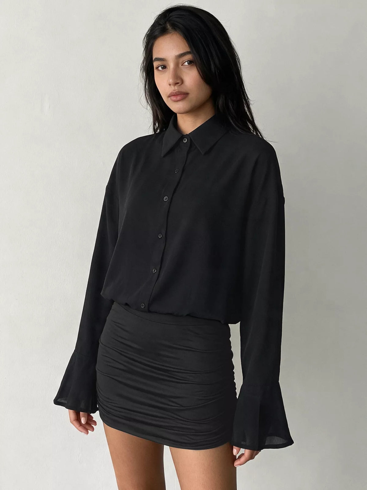 Black flounce sleeve ruched mini shirt dress, buttoned collar view