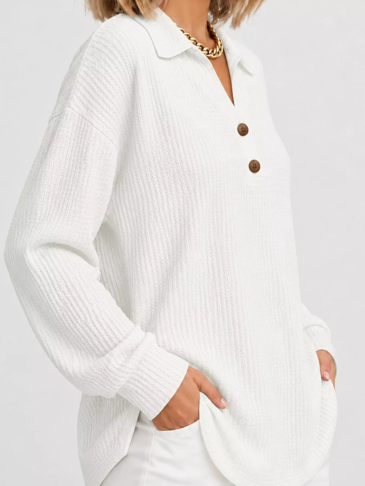 Collared long sleeve top, side view