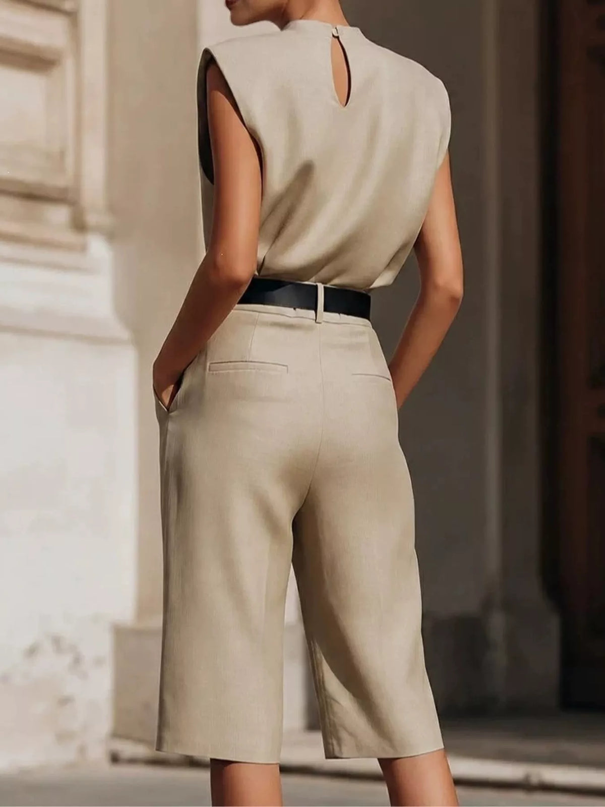 Sleeveless Top and Bermuda Shorts Set, back view in khaki