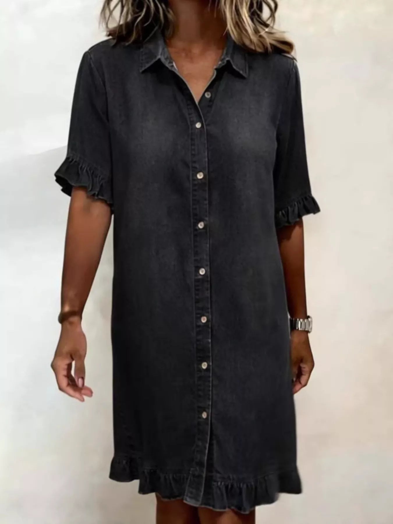 Trendsi Full Size Ruffled Hem Denim Shirt Dress Plus Size -