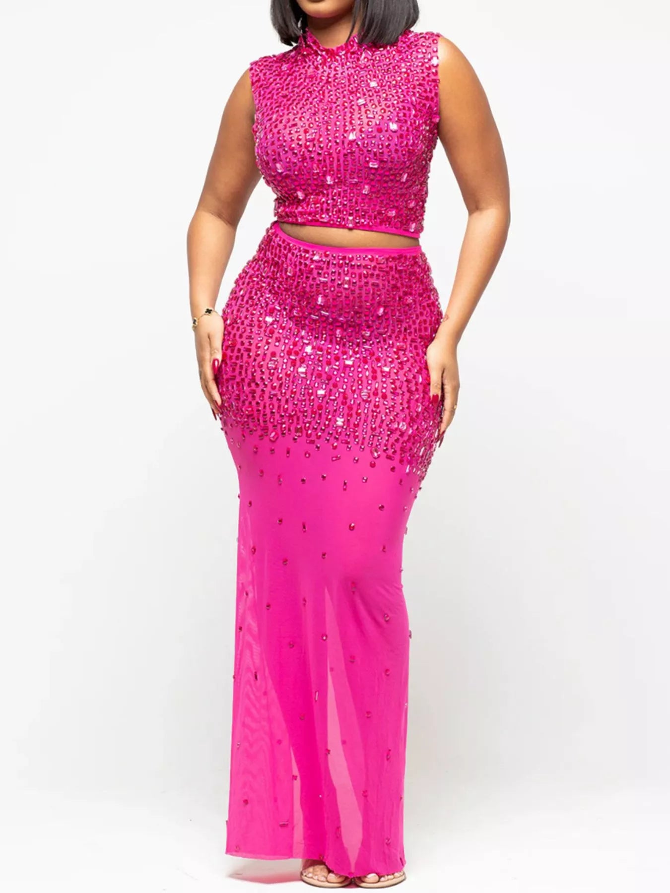Trendsi Rhinestone Sleeveless Top and Skirt Set -