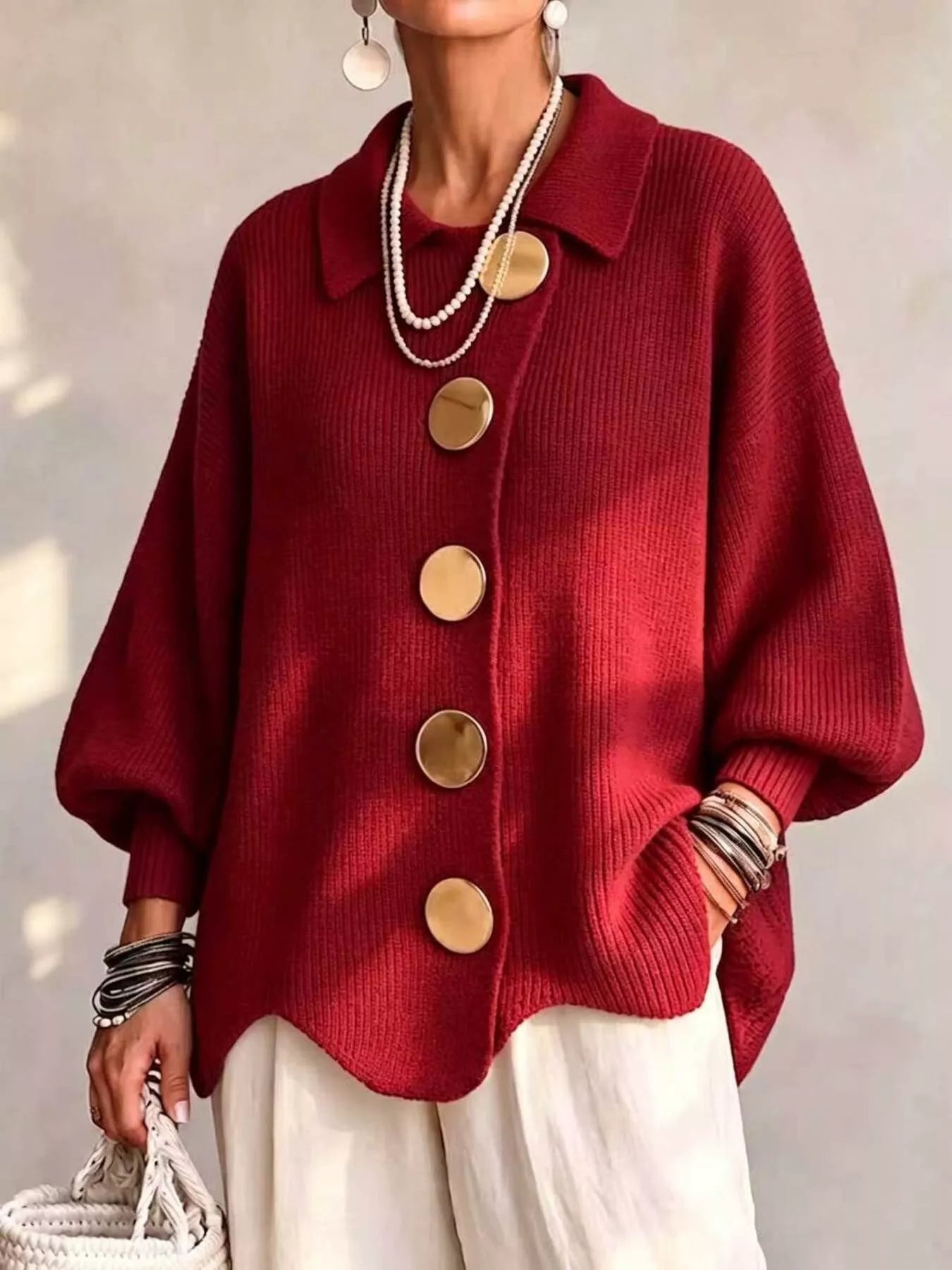Trendsi Full Size Gold Buttons Lantern Sleeve Cardigan Plus Size -