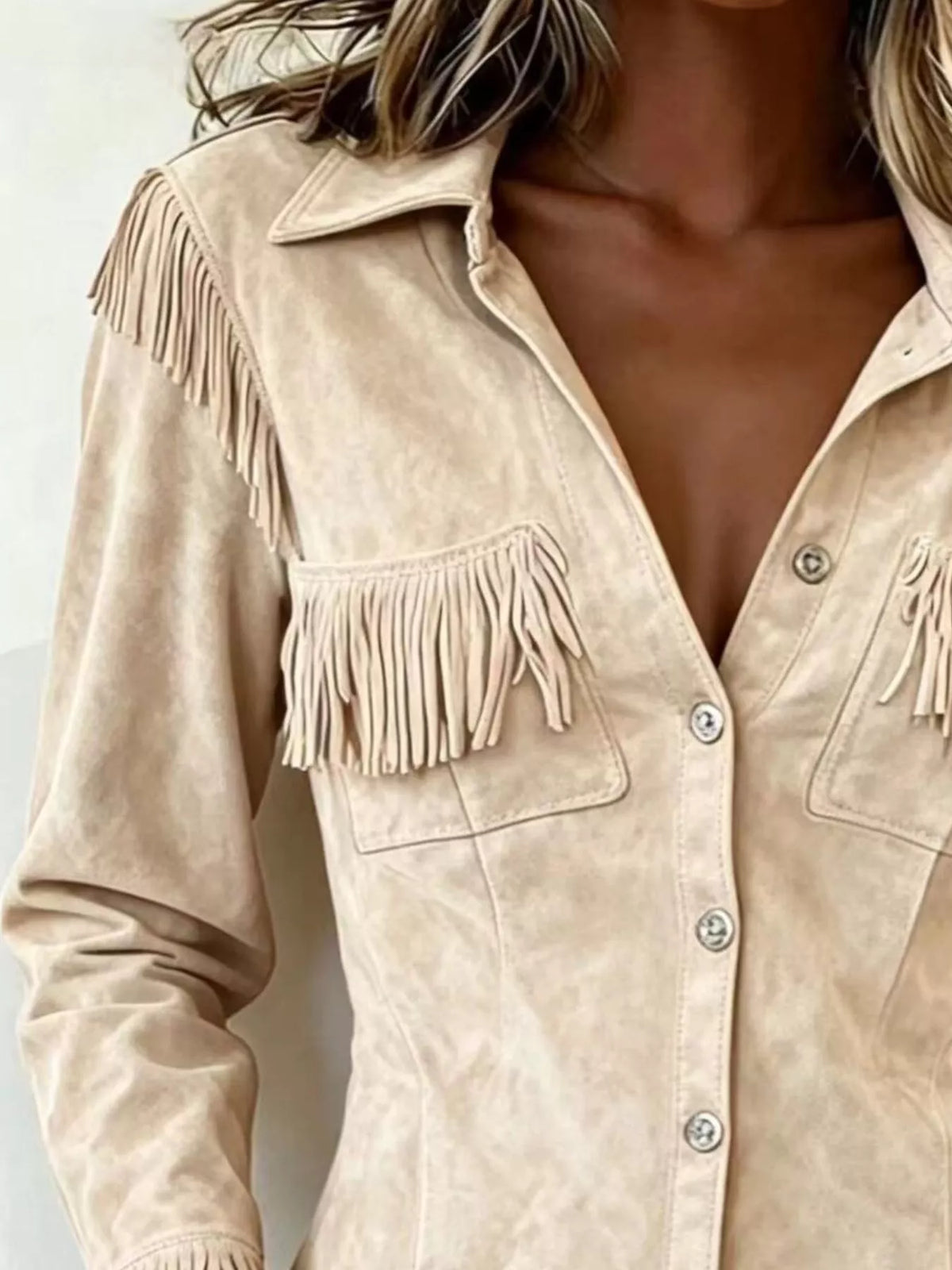 Fringed Snap Down Jacket in beige, collar and fringe detail