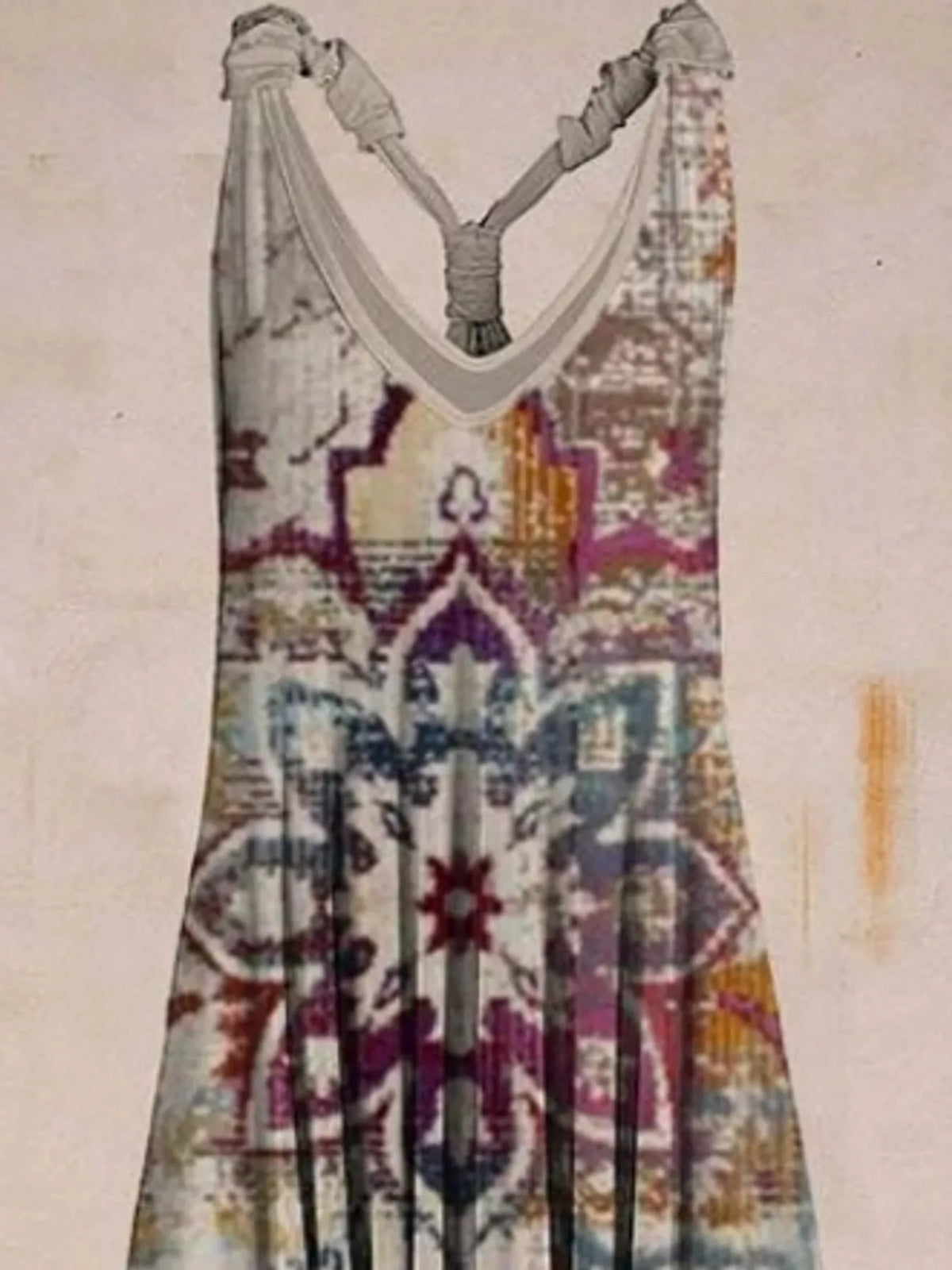 Multicolor geometric-print V-neck sleeveless jumpsuit, neckline and strap detail