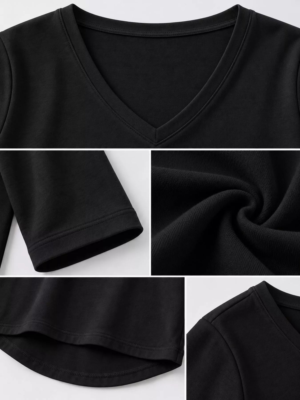 Black v-neck half sleeve t-shirt, detail view