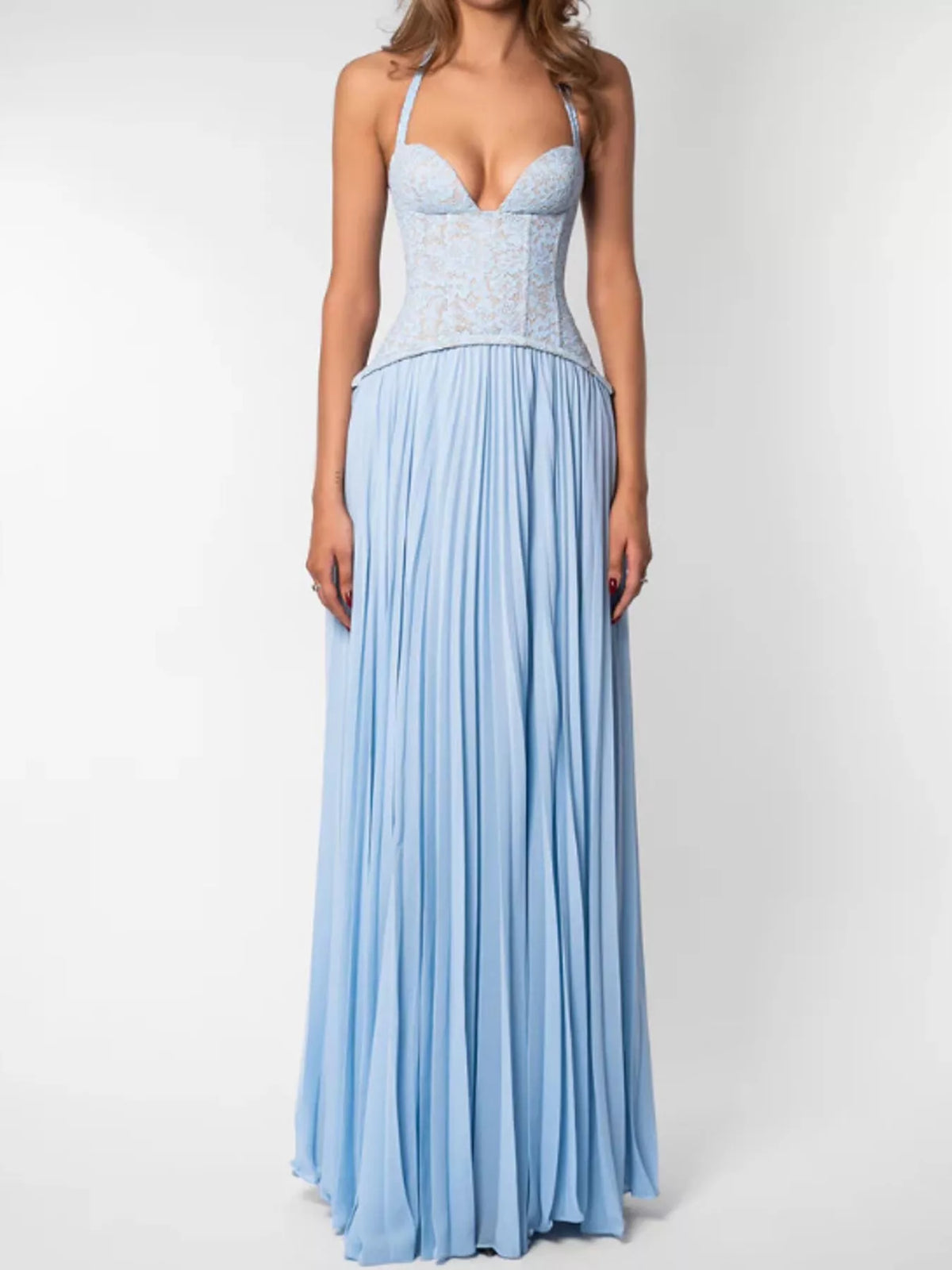 Lace Halter Neck Pleated Maxi Dress — front view