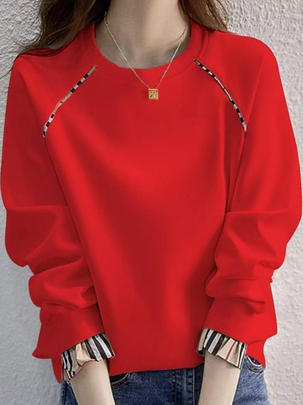 Plaid-trim sweatshirt, red front