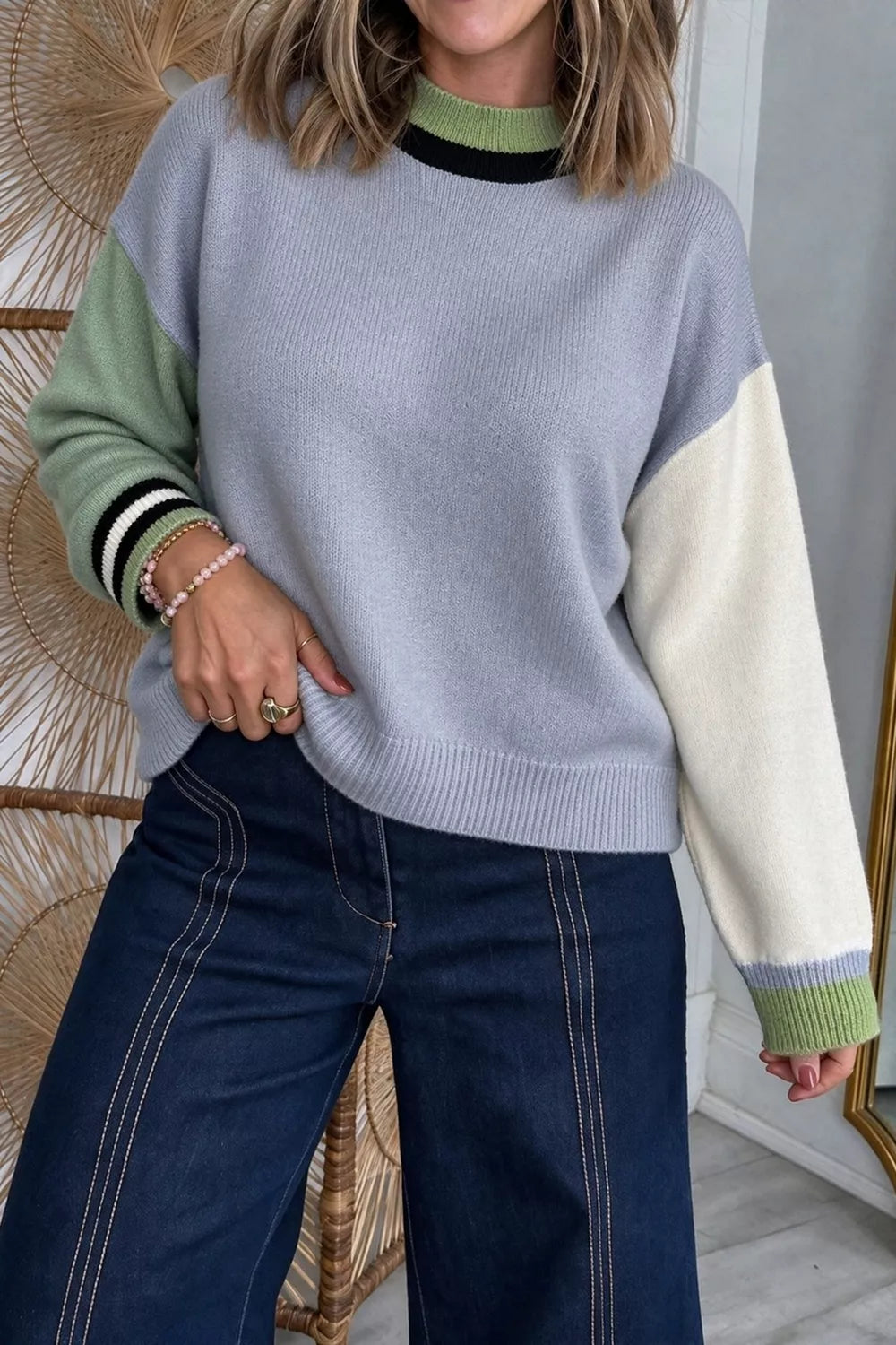 Colorblock Crew Neck Sweater — front view