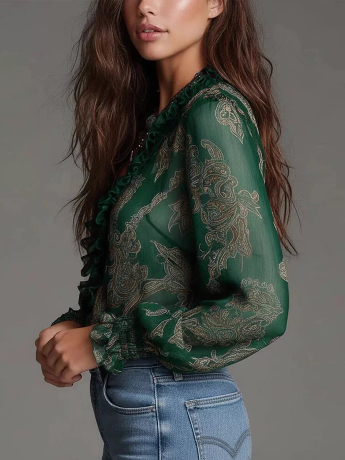 Trendsi Full Size Paisley Print Ruffle Trim Zip-Front Blouse Plus Size -