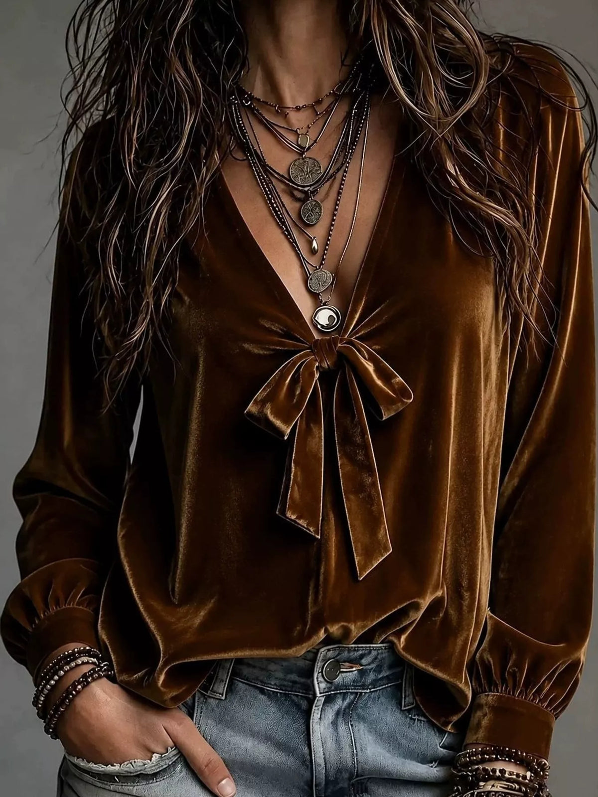 Brown front bow-tie V-neck top