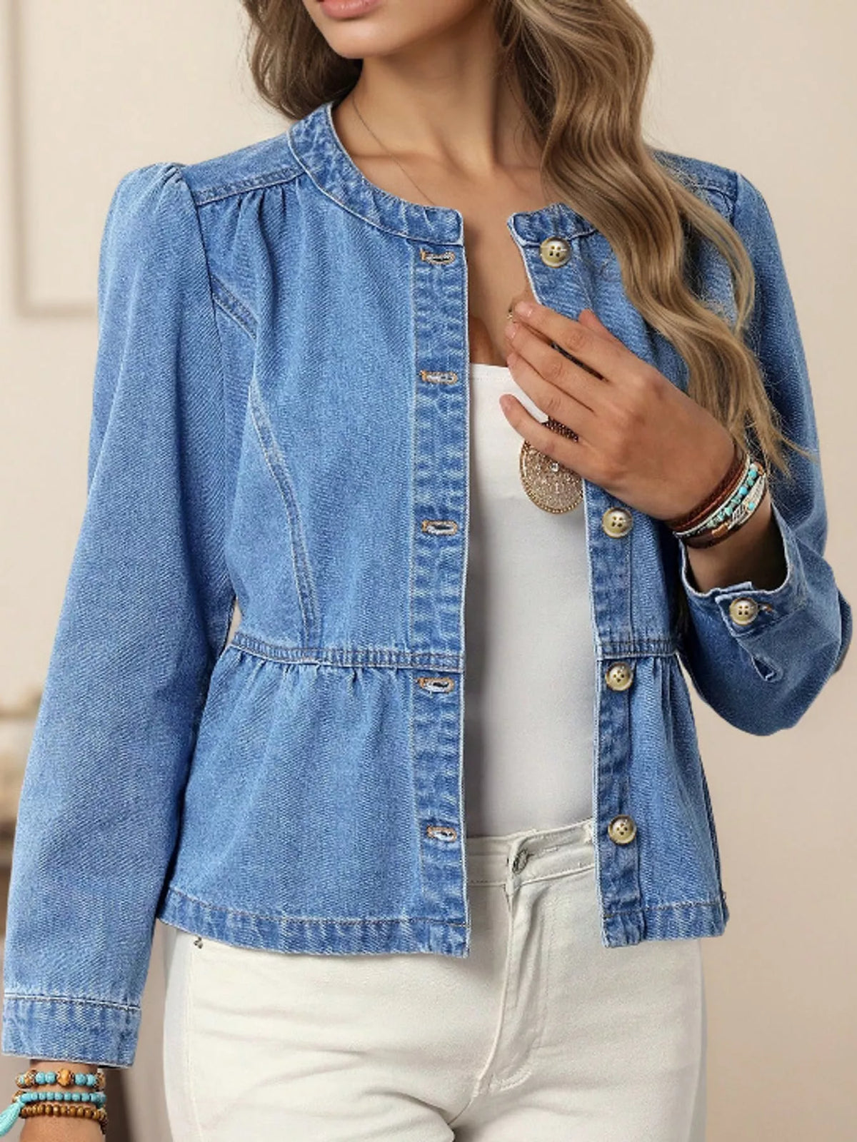 Women's Button Up Peplum Denim Shirt in blue — front view