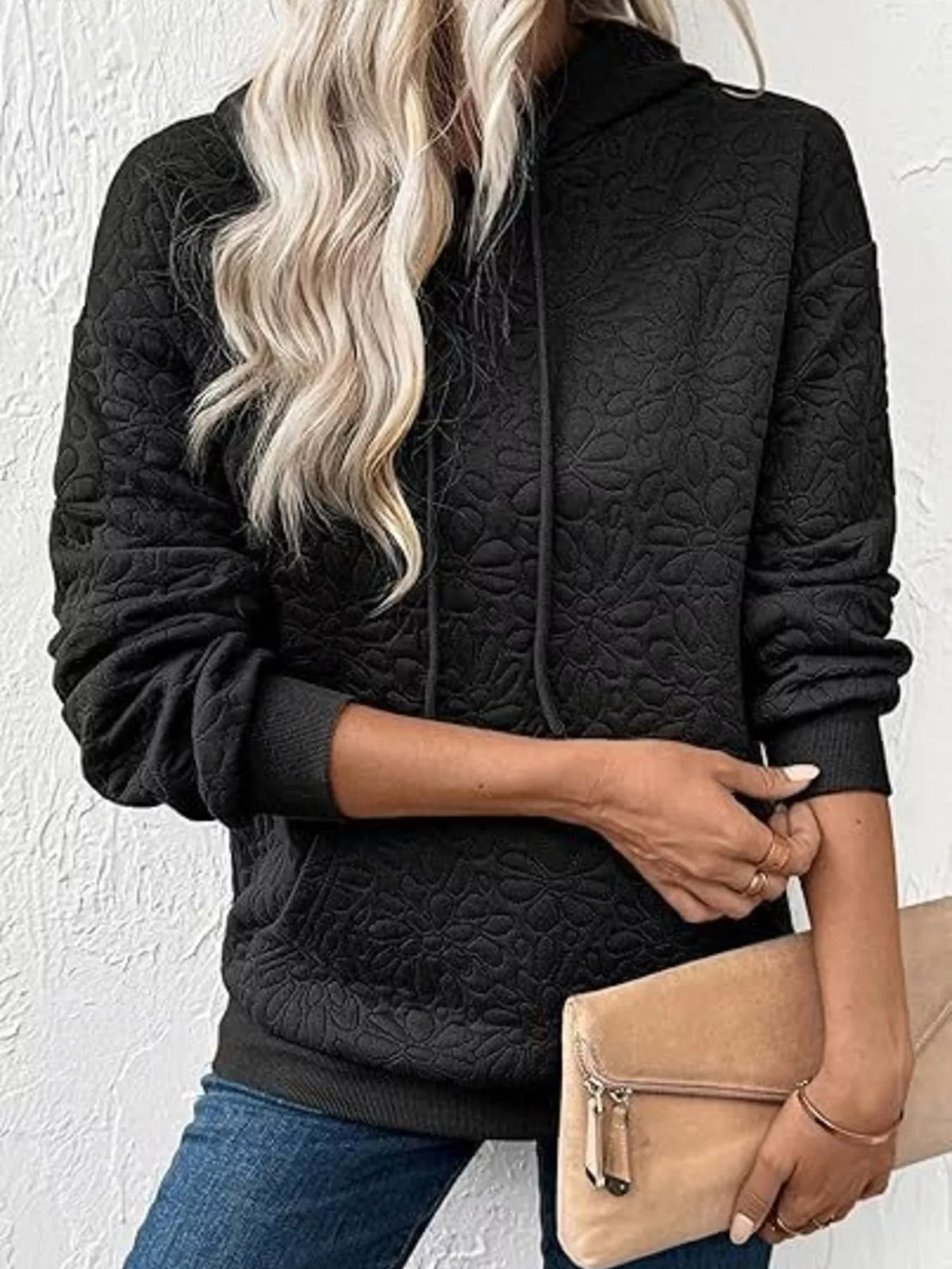 Black textured floral embossed drawstring hoodie