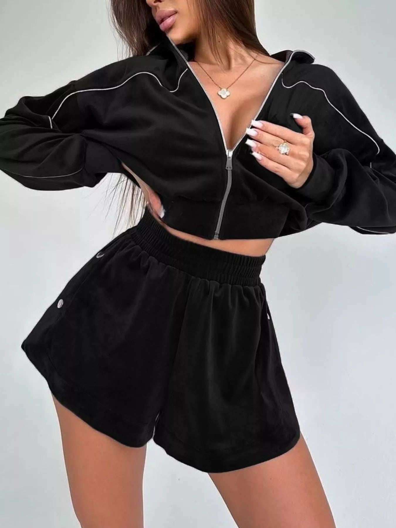 Trendsi Zip-Up Outerwear and Shorts Set -