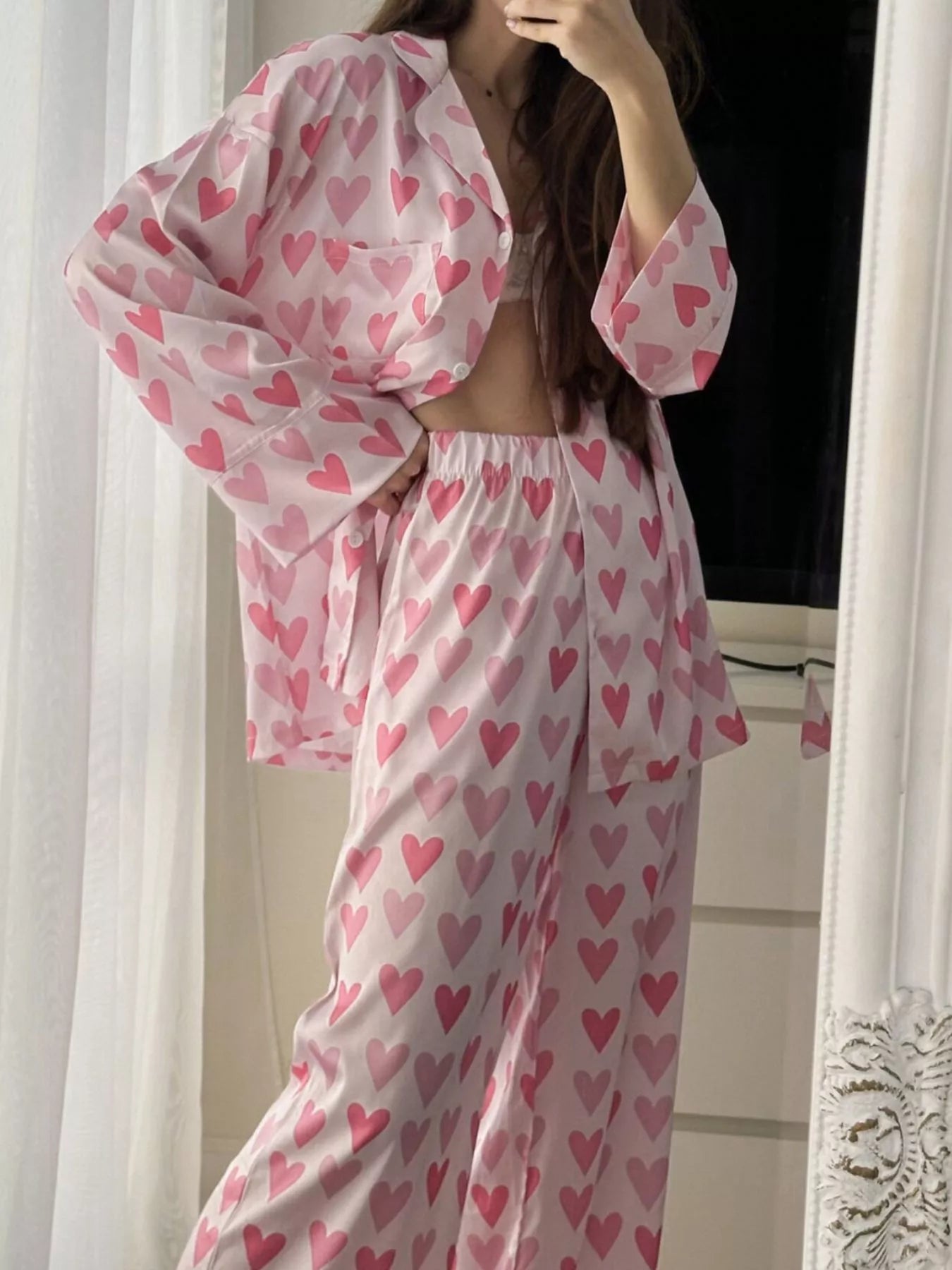 Trendsi Heart Print Button Up Top and Pants Lounge Set -