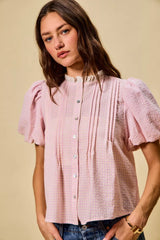 Trendsi SO ME Gingham Lace Trim Button Bubble Sleeves Blouse -