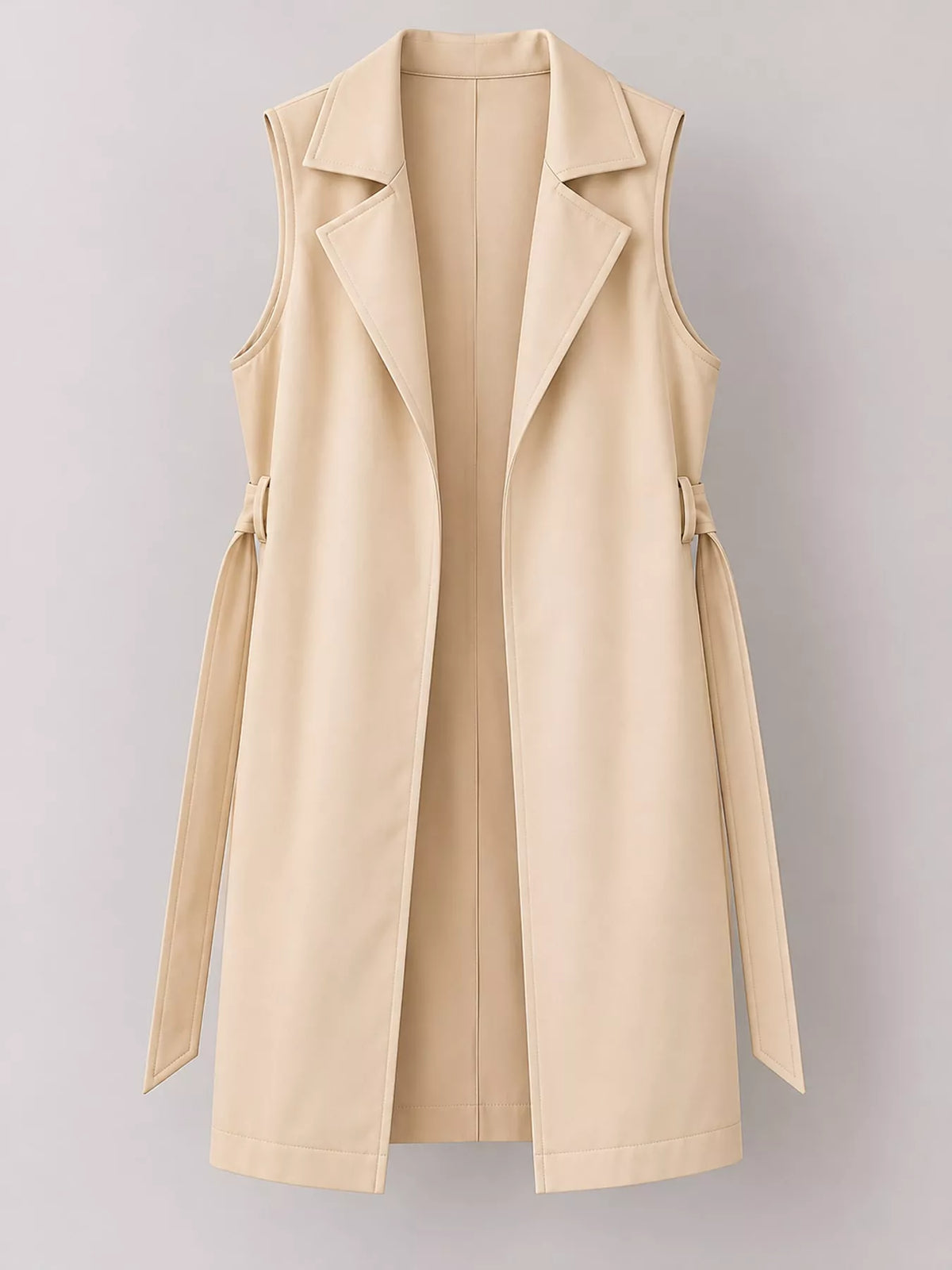 Tie Waist Longline Vest in beige, front view