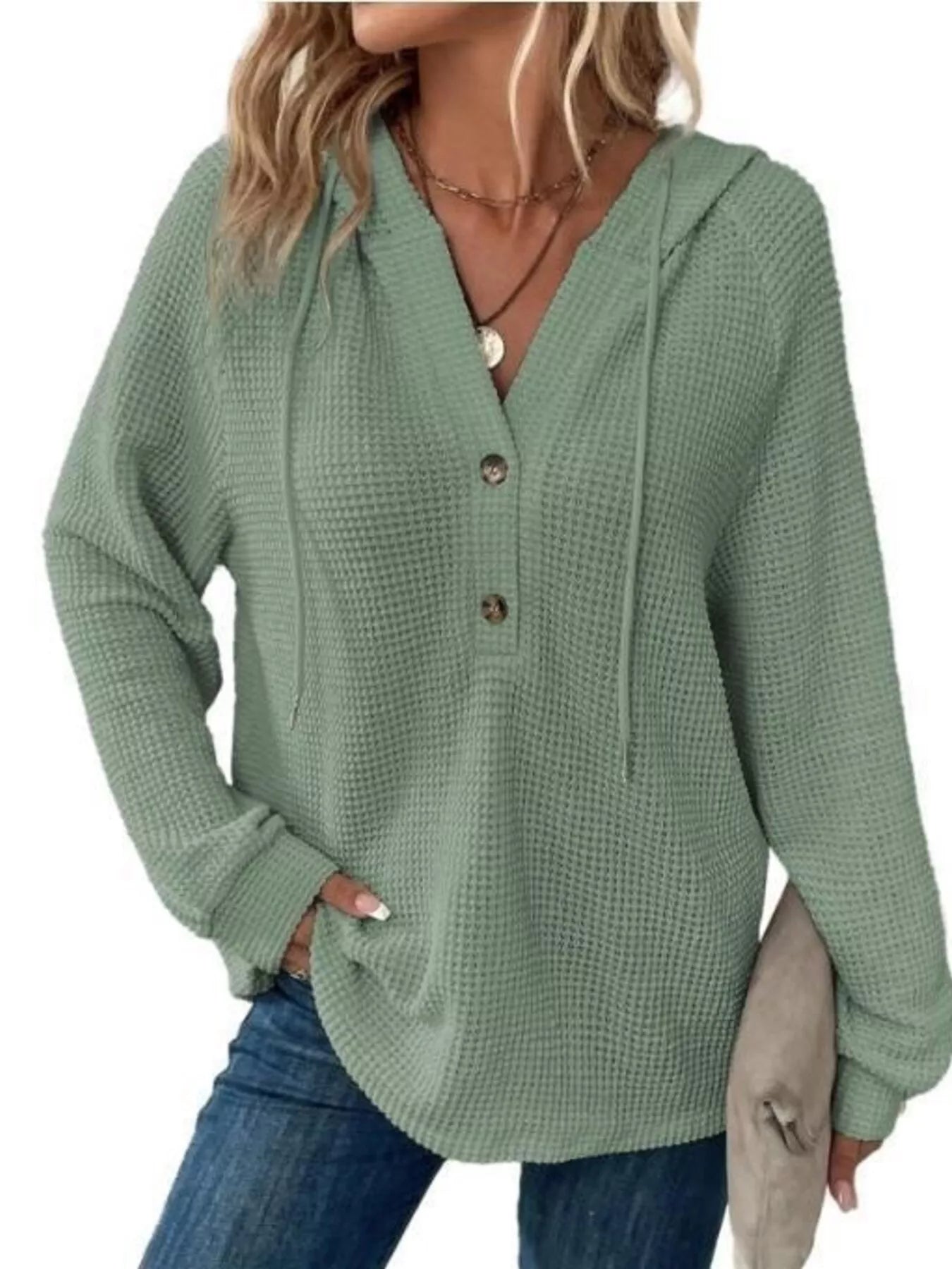 Trendsi Full Size Waffle Knit Half-Button Hoodie Plus Size -