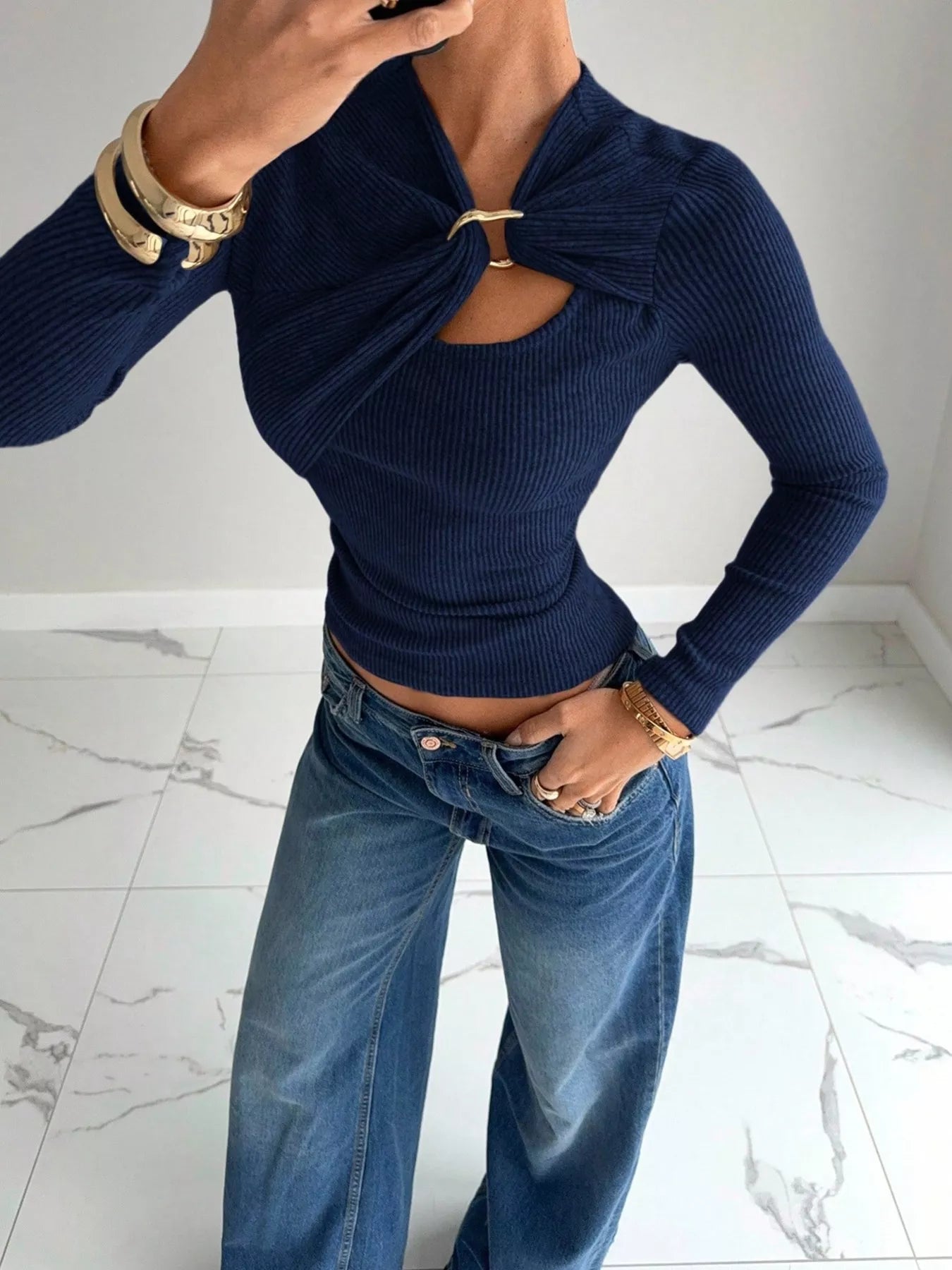 Trendsi Ribbed Knit Long Sleeve T-Shirt with Metal Ring Cutout Detail -
