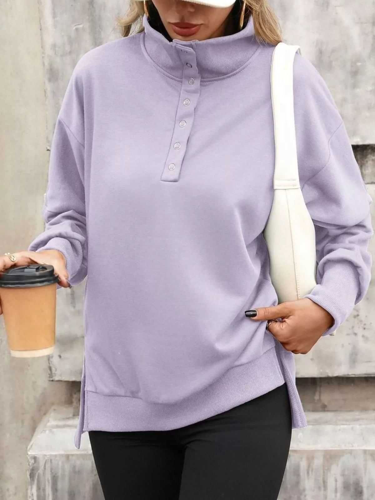 Women's side-slit half-snap sweatshirt