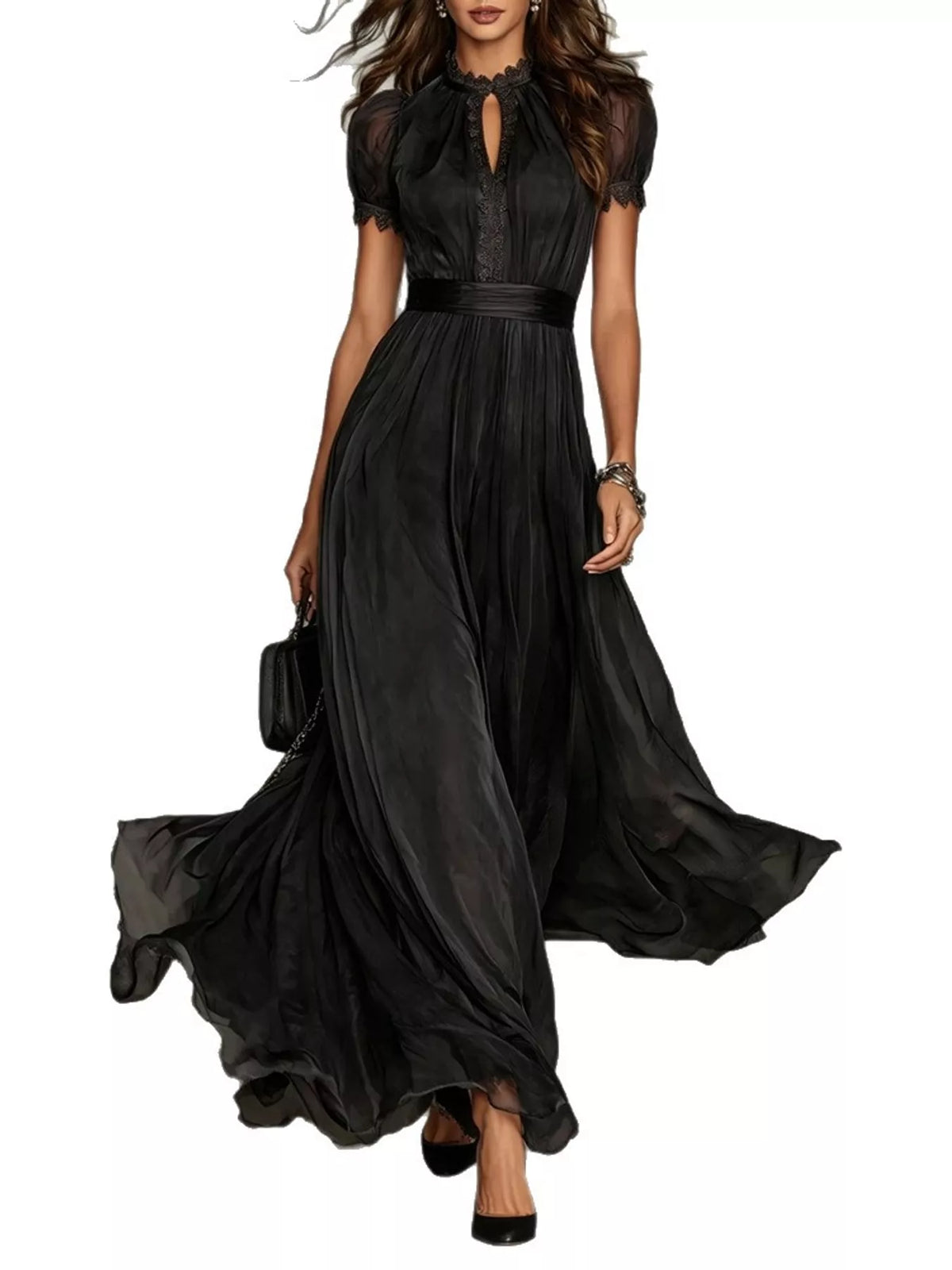Lace Puff Sleeve Maxi Dress in black, front view