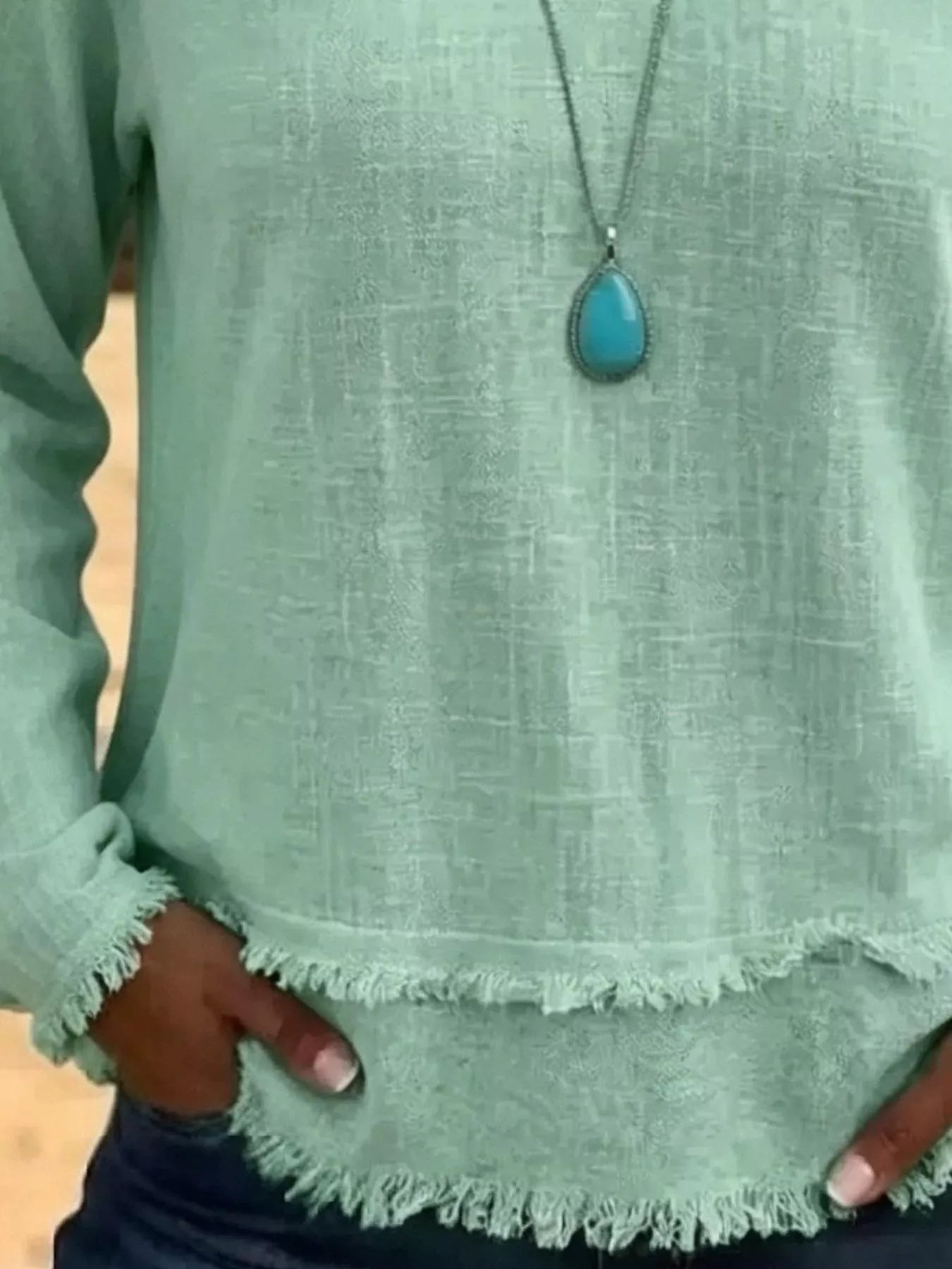 Trendsi V-Neck Long Sleeve Blouse with Frayed Hem Detail -