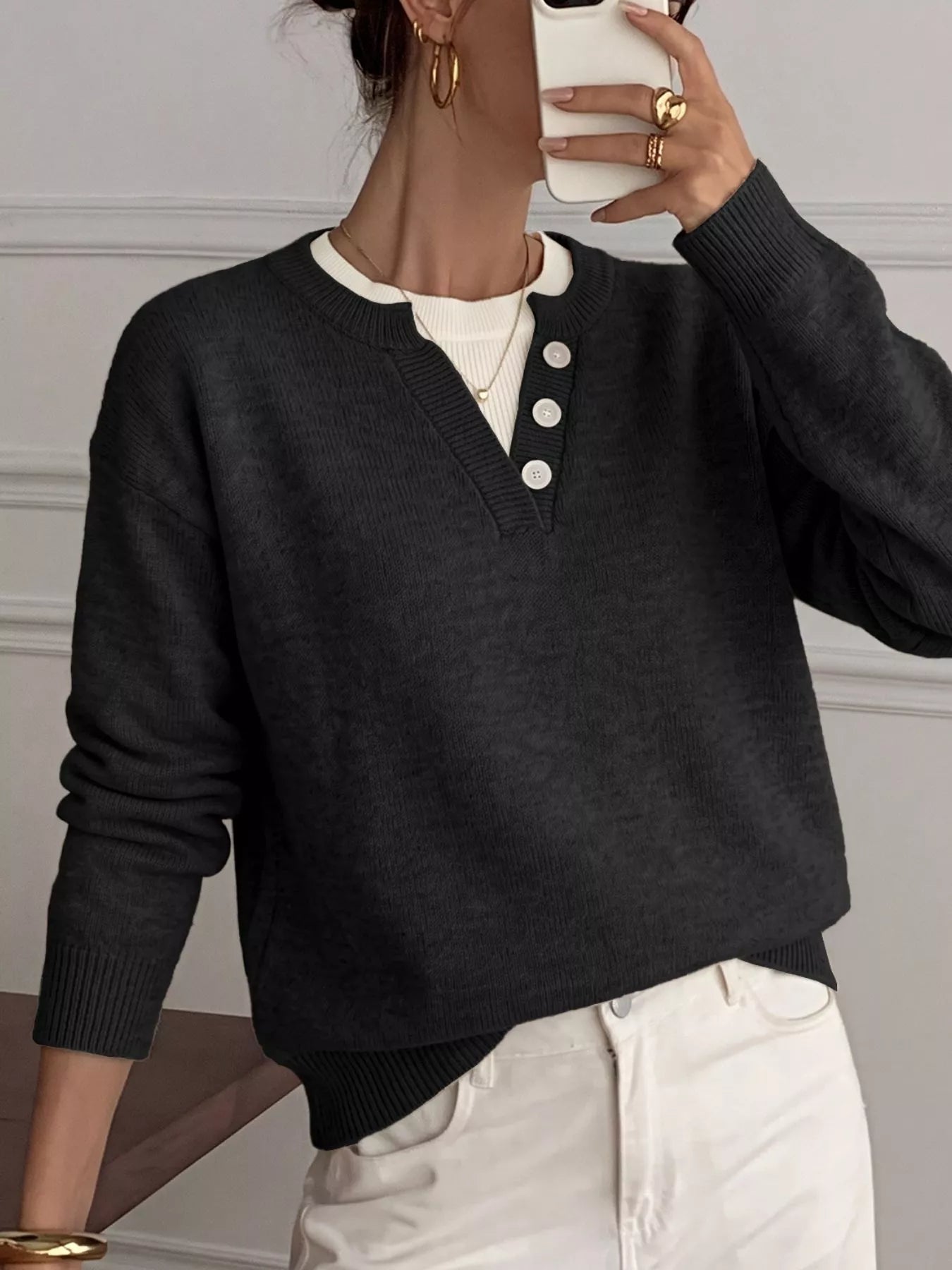 Trendsi Decor Button-Placket Ribbed Knit Sweater -
