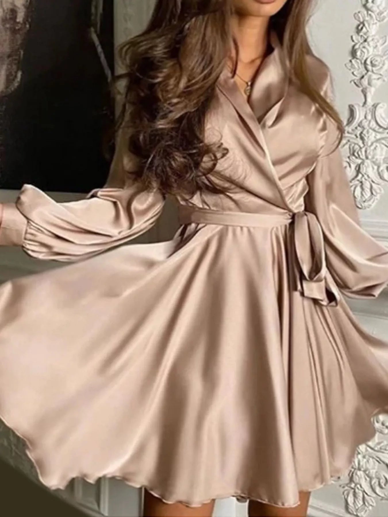 Trendsi Satin Surplice Long Sleeve Mini Dress -