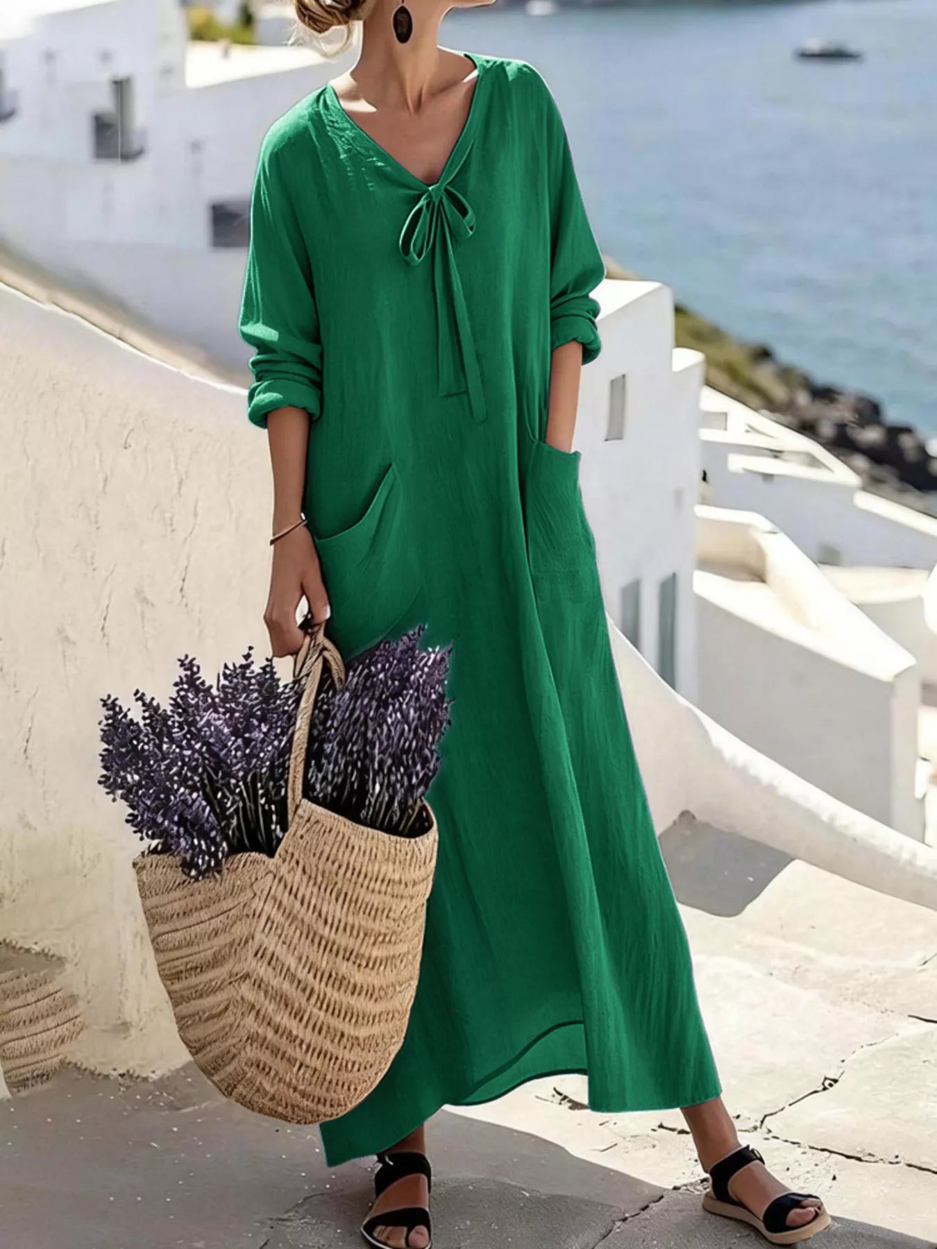 Trendsi Full Size Long Sleeve Loose Maxi Dress with Pockets Plus Size -