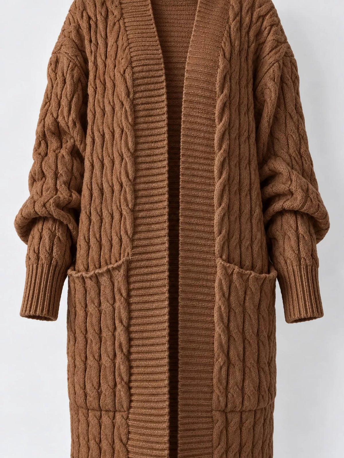 Yellowish Coffee cable-knit longline open-front cardigan, back view