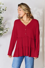 Trendsi Double Take Half Button Long Sleeve Ruffle Hem Blouse - Pants