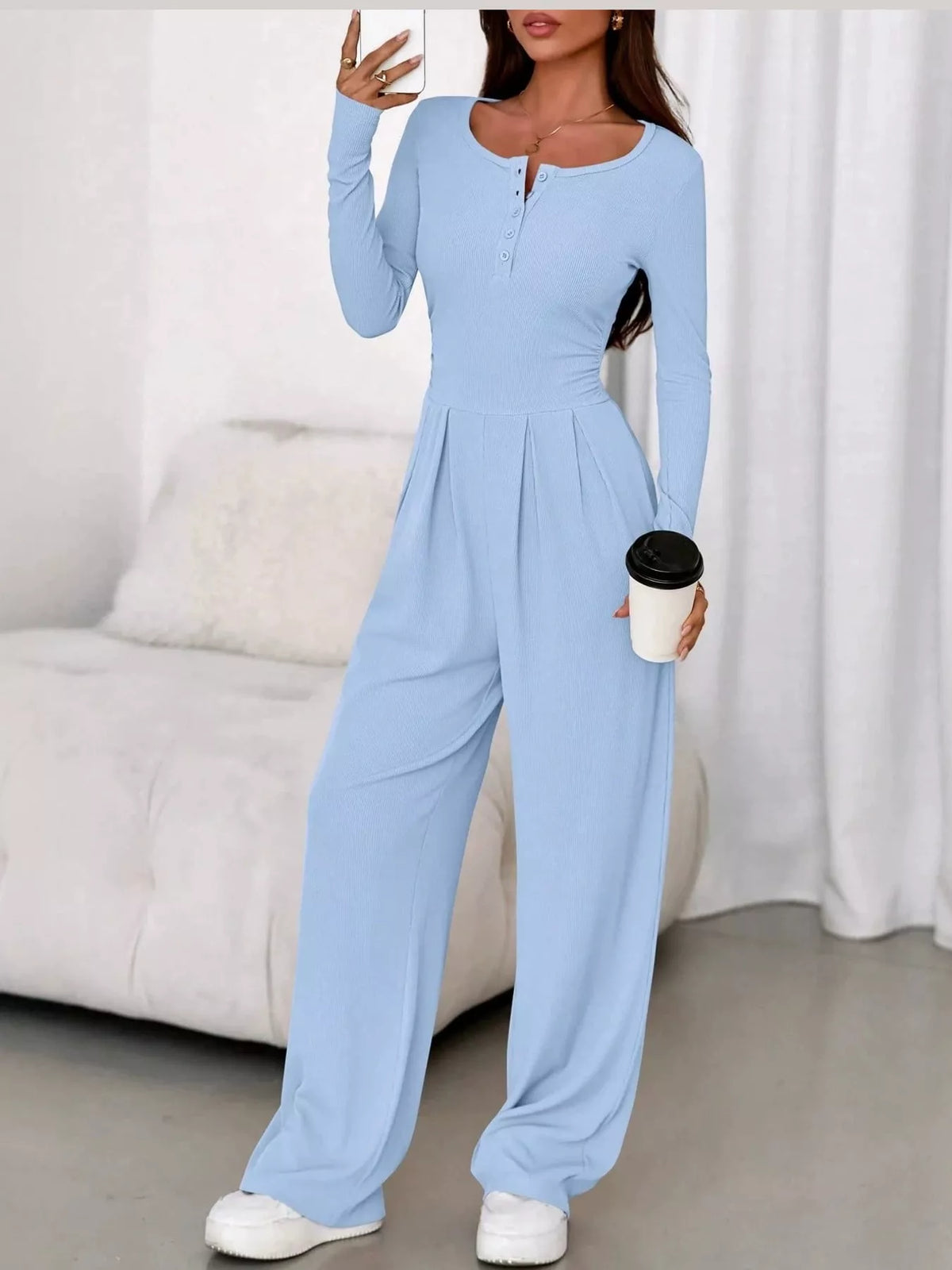 Long Sleeve Ribbed Knit Wide-Leg Jumpsuit — front view