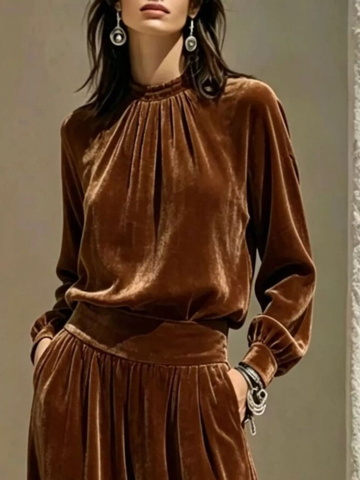 Brown velvet mock-neck top and pants set, neckline and waist detail