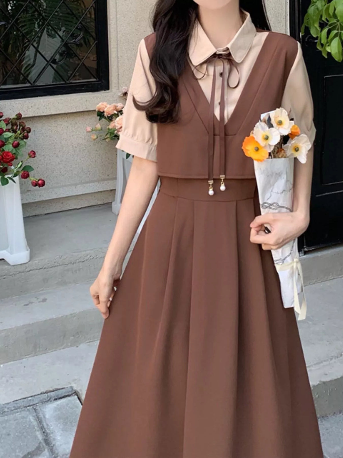 Women's Contrast Short Sleeve Pleated Midi Dress in brown — front view