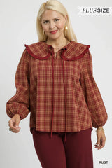 Trendsi Umgee Full Size Plaid Ruffle Collar Blouse Plus Size -