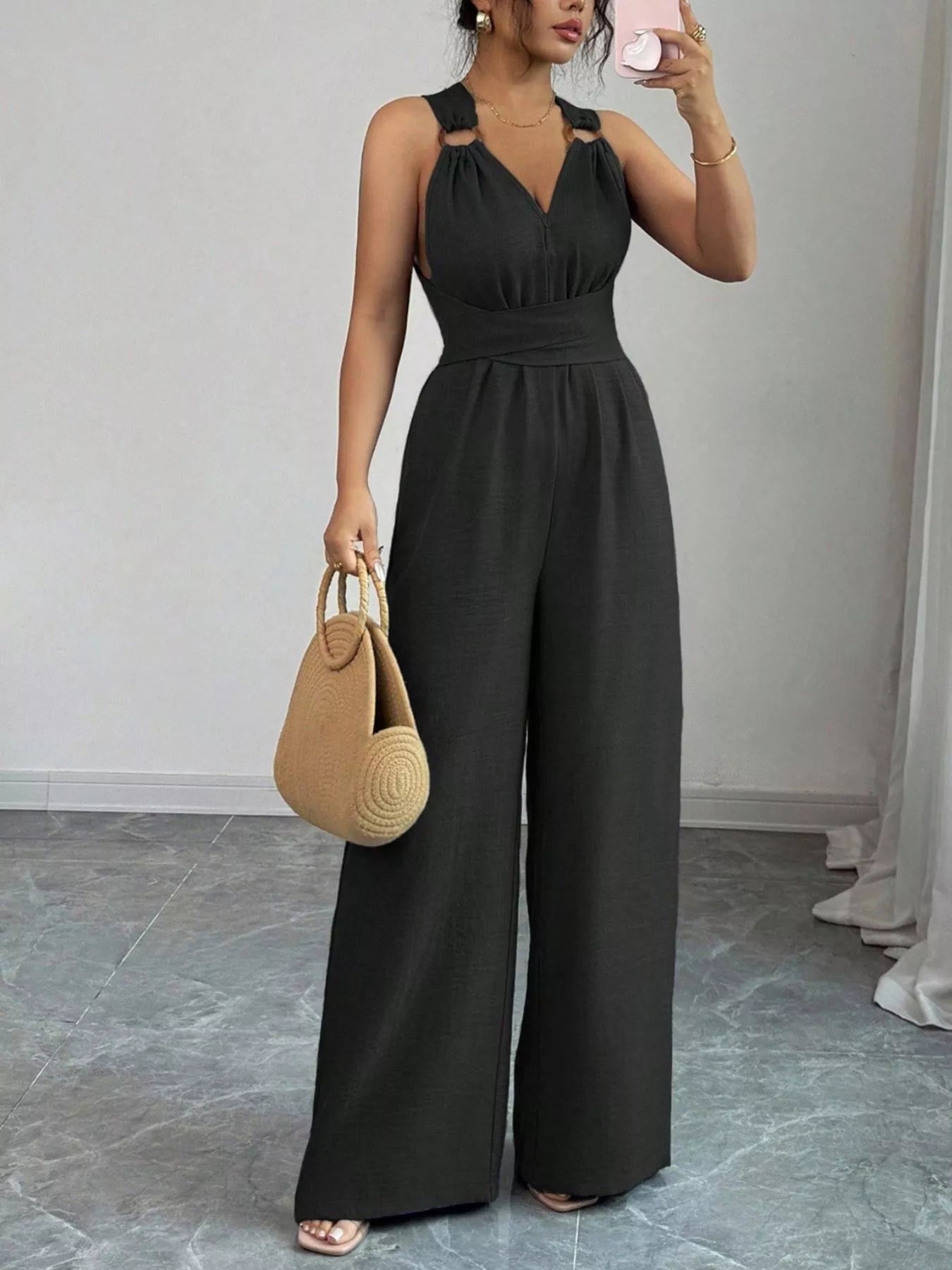 Trendsi Sleeveless V-Neck Wide-Leg Jumpsuit with O-Ring Detail -