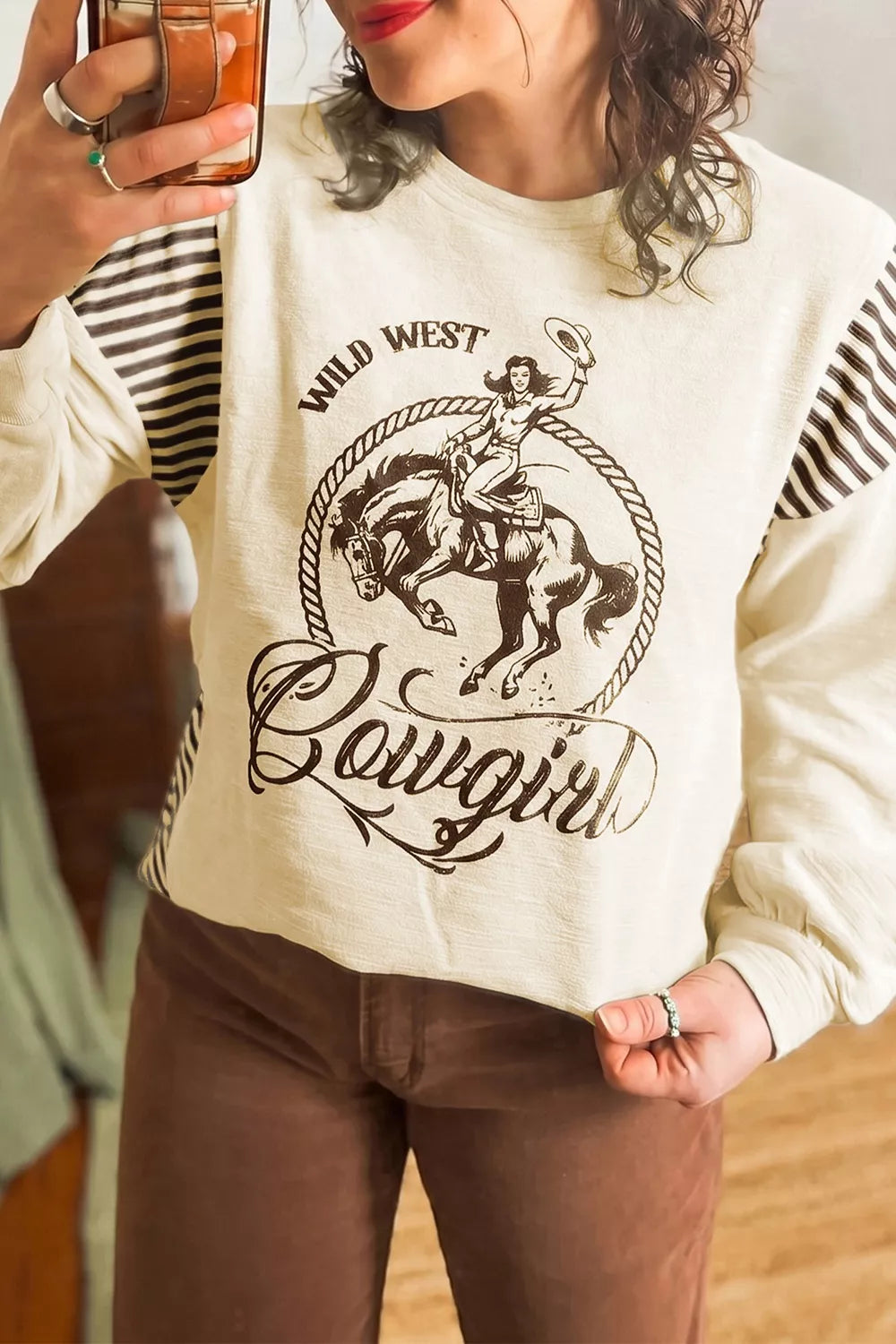 Trendsi Western Graphic Striped Detail Long Sleeve Casual Top -