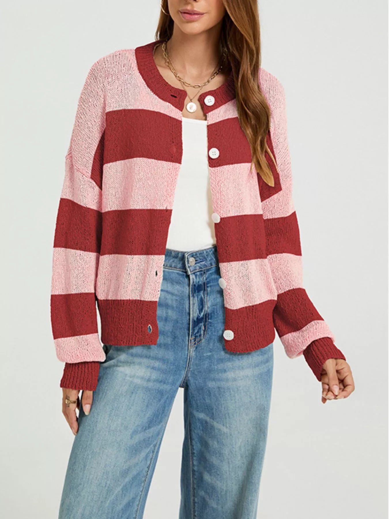 Trendsi Casual Striped Button-Down Knit Cardigan -