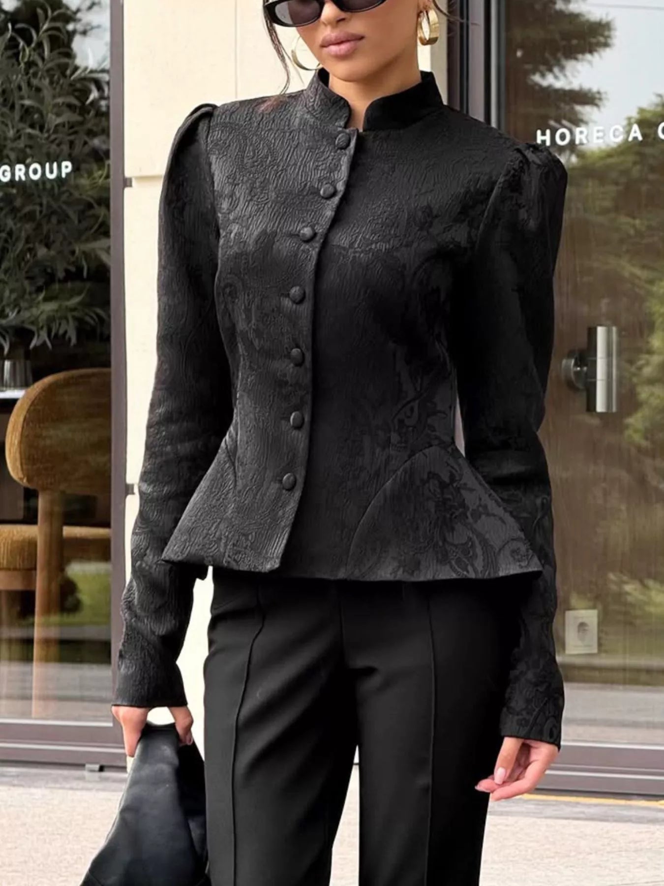 Trendsi Jacquard Peplum Puff Sleeve Outerwear -